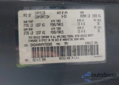 1993 Dodge Grand Caravan Se из США, поврежденный, VIN 1B4GH44R4PX759305